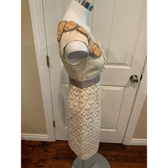 Floreat Anthropologie Cream & Tan Ruffle Embroidered Sleeveless Dress Size 0 - Picture 5 of 8